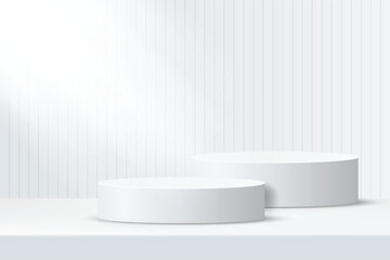 Abstract 3D shape podium with lighting on studio background. Display pedestal mockup minimal scene empty stage for presentation product cosmetic, stand, showcase, exhibition, fashion stage. Vector
