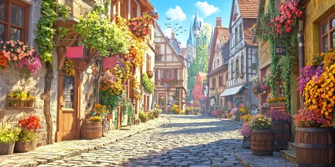 Fototapeta premium A charming cobblestone street in a European town, lined with colorful flowers and spring decorations