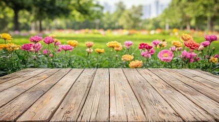 Colorful Peonies in a Lush Green Garden with Rustic Wooden Table