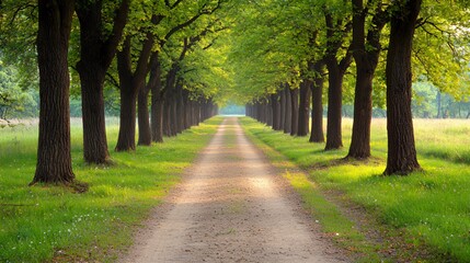 Obraz premium Sunlit Path Through a Tree Lined Avenue