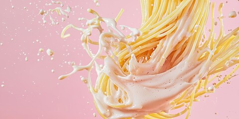 A dynamic shot of brightly colored spaghetti strands twisting mid-air, drenched in creamy Alfredo sauce, with splashes of sauce frozen in motion on a soft pink background