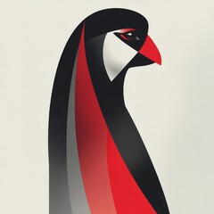 Stylized penguin illustration in black red white gray