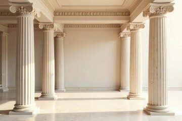 Sunlit Classical Columns in a Grand Hallway with Intricate Moldings and Smooth Marble Flooring