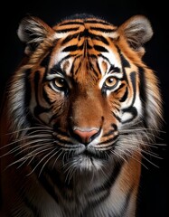 Fototapeta premium Generated imageStriking close-up portrait of a tiger with a direct gaze, set against a dark background, highlighting its majestic features.