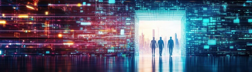 Fototapeta premium Exploring a Vibrant Futuristic Cityscape with Two Individuals Amidst Gleaming Skyscrapers and Neon Lights Creating a Dynamic Urban Atmosphere