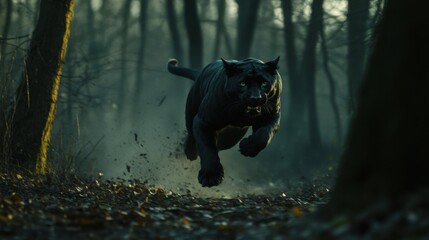 A sleek panther leaps through a sunlit forest, showcasing agility and grace.
