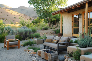 Naklejka premium Stylish outdoor patio with furniture made of recycled materials and surrounded by drought-resistant landscaping
