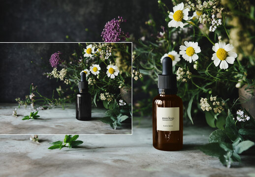 Elegant Glass Dropper Bottle Mockup with Floral Background for Skincare Branding