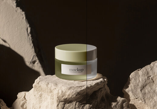 Luxury Cosmetic jar Mockup on Natural Stone with Dramatic Shadows