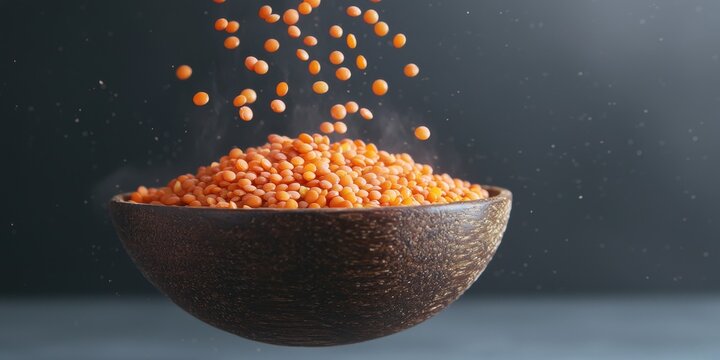 Floating bowl of red lentil soup with cumin on a charcoal gray background