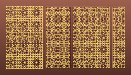 Laser cut pattern set. Vector design with elegant geometric ornament, abstract floral grid, mesh. Template for cnc cutting, decorative panels of wood, metal, paper, plastic.	