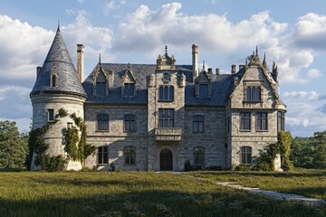 Obraz premium Historic stone mansion surrounded by lush greenery under a bright blue sky