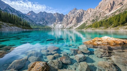 Crystal Clear Alpine Lake Surrounded by Majestic Mountains