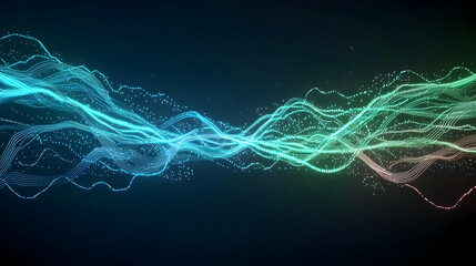 Abstract Digital Wave Of Blue And Green Glowing Particles Against A Dark Background