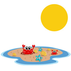 Sandy island in the sea with yellow shells, green bucket with red shovel, red crab, blue starfish and sun. On white background. Illustration.