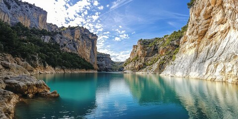 Naklejka premium A secluded turquoise lake nestled between towering cliffs, its crystal-clear waters reflecting the sky in absolute stillness