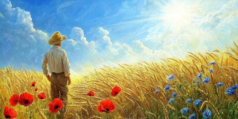 Fototapeta premium A sun-drenched wheat field with poppies and cornflowers, a bright blue sky stretching above