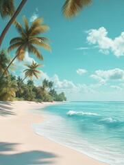 A beautiful tropical beach with palm trees and ocean waves