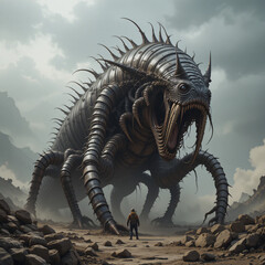 Facing Enormous Metal Monster Confrontation on Rocky Ground Under Cloudy Sky