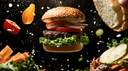 Delicious floating burger with fresh vegetables and sesame bun