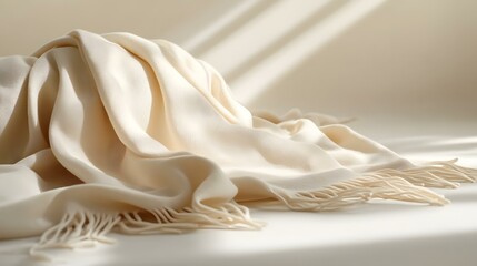 A draped beige throw blanket with gentle folds and delicate fringe details, isolated in a clean and modern setting. The soft gradient background fades from warm beige to light cream, enhancing