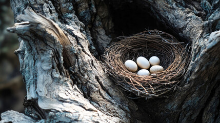 Obraz premium Nest with five eggs in tree hollow surrounded by natural wood texture