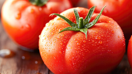 Fresh ripe tomatoes covered with water droplets on wooden surface