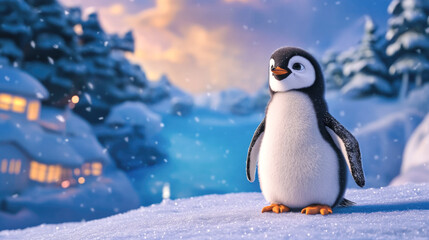 Fototapeta premium Adorable baby penguin on snowy landscape with vibrant sky in winter wonderland