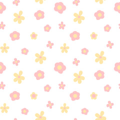 Seamless vector pattern with pastel-colored minimalistic flowers. Soft floral elements create a gentle, elegant design. Ideal for stationery, fabric prints, backgrounds, scrapbooking, wrapping