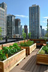Fototapeta premium Urban rooftop garden with raised planters, cozy seating, and panoramic city views
