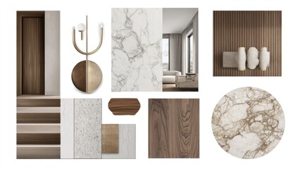 Modern interior design mood board showcasing various materials like marble, wood, and metal.