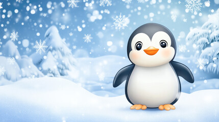 Obraz premium Cute cartoon penguin in snowy winter wonderland with falling snowflakes