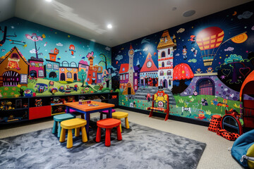 Obraz premium Vibrant wall mural in a kid's playroom, featuring whimsical characters and colorful themes