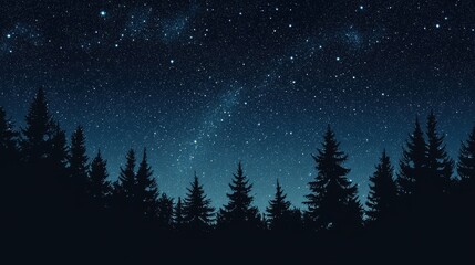Fototapeta premium Black Starry night sky over a forest silhouette with a faint horizon glow. Landscape and nature background Design for poster, banner, print. 