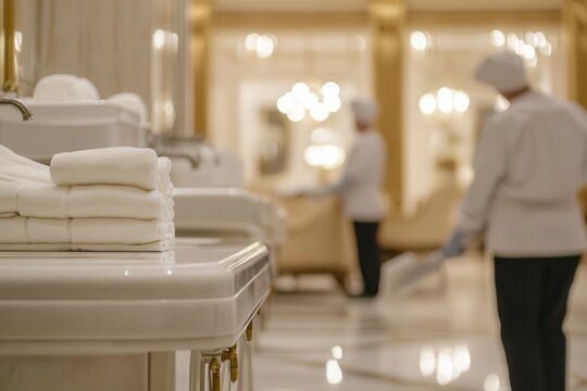 Professional photo of a luxury hotel being cleaned by staff members, each focused on specific tasks, pristine white linens, and elegant furniture in the background