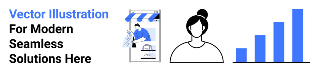 Fototapeta premium Shopfront on mobile screen, woman avatar, bar chart rising. Ideal for e-commerce, digital marketing, branding, customer support, analytics, retail business flat landing page banner