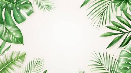 Lush Green Tropical Leaves Frame on White Background