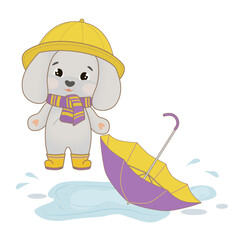 Little bunny in rubber boots in the rain and feeling happy