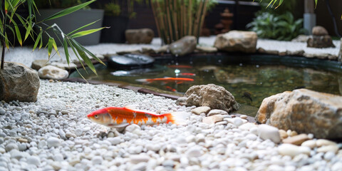 Zen garden design with white gravel, minimalist stone arrangements, and a small koi pond