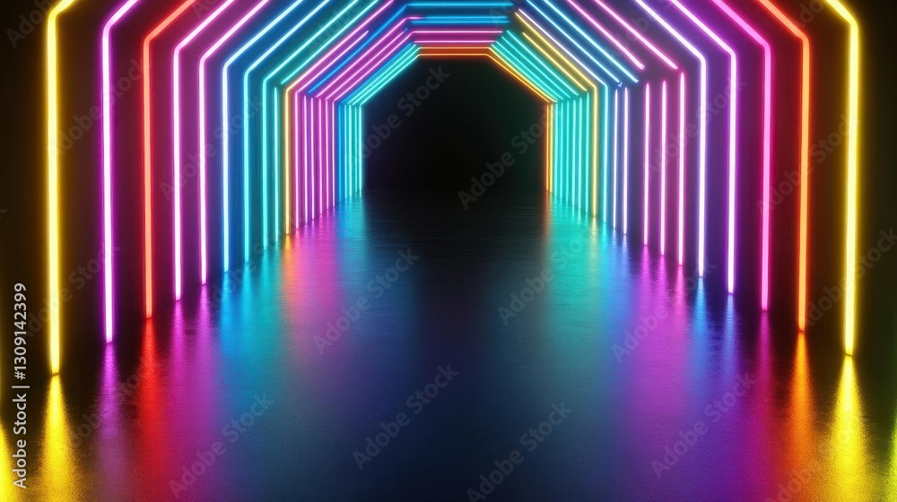 Poster A black background with colorful neon lights forming an empty room or corridor The neon lights create the illusion of depth and distance