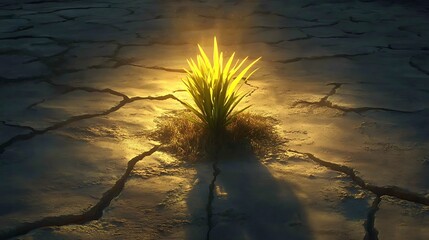 Glowing plant sprouts on cracked ground, light shines, use hope imagery