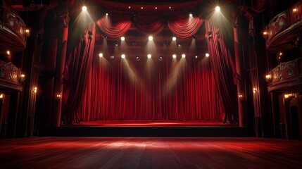 Red curtains and spotlight on stage. Red curtains on stage in a theater. Generative illustration of ai. Crimson drapes and a spotlight on the stage lifestyle.