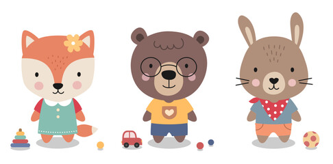 Set of funny cartoon animals. Woodland characters. Cute Forest animals. Little fox, bear, bunny, for baby shower, nursery, textile, birthday kids print, invitation cards.