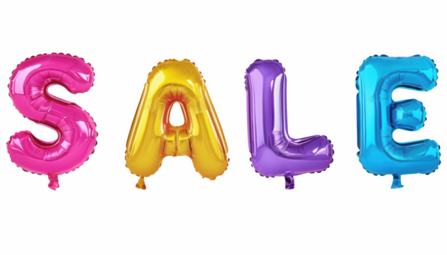 Glossy foil balloons spelling SALE in vibrant colors, creating a festive and eye-catching design. Perfect for promotions, discounts, and special offers. Isolated on transparent background, PNG.