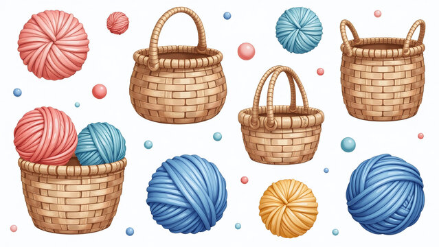 soft watercolor illustrations woven baskets yarn balls popular digital clipart designs various