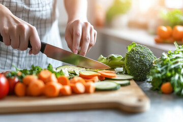 A close-up shot of hands using a kitchen knife to cut vegetables
