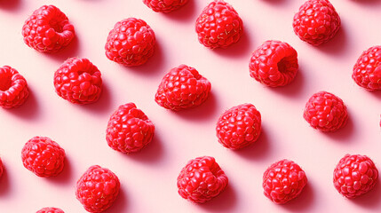 Fresh vibrant red raspberries pattern on pink background