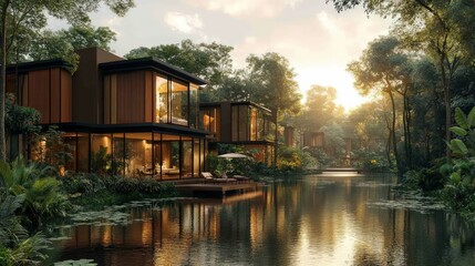 Luxurious waterfront homes nestled in lush jungle.