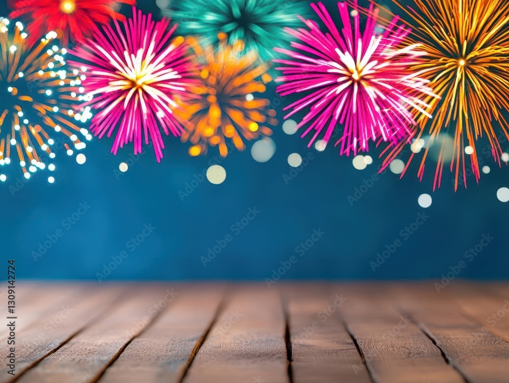 Aufkleber a blurred background of fireworks at night, with bokeh lights in the foreground