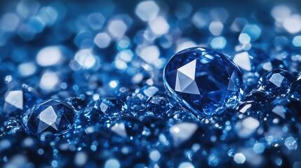Blue diamond background. Bokeh with a shimmering blue and white background with a shard of a sapphire. Blue and white royal droplets wallpaper with crystals. Background of blue diamonds lifestyle.